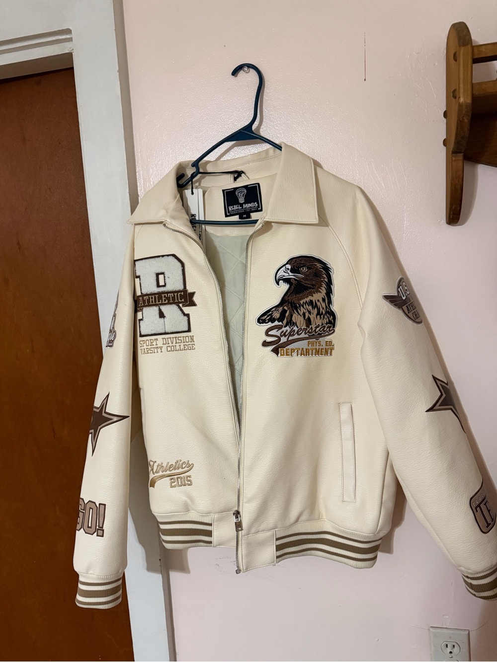 Rebel Minds Men's Varsity Jacket Beige/Brown Zip Lined Embroidered Logo M